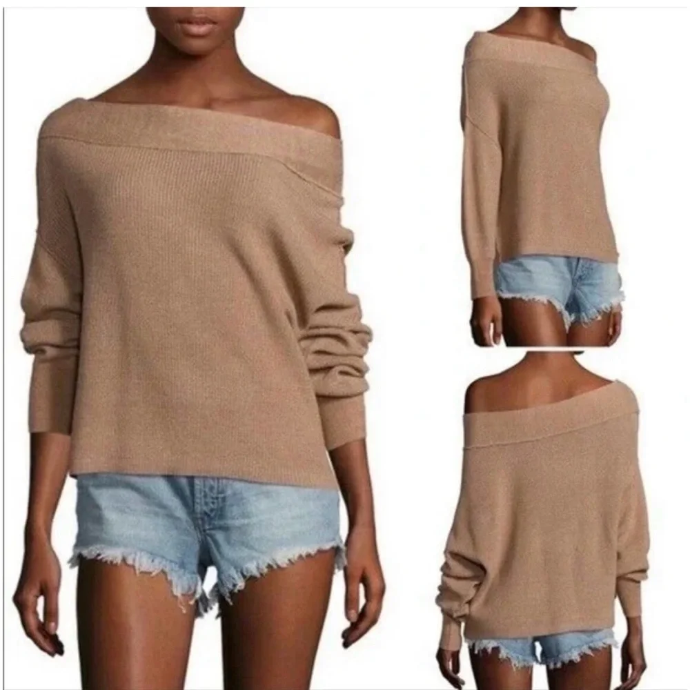 FREE PEOPLE Alana light brown off the shoulder linen/cotton blend sweater Small